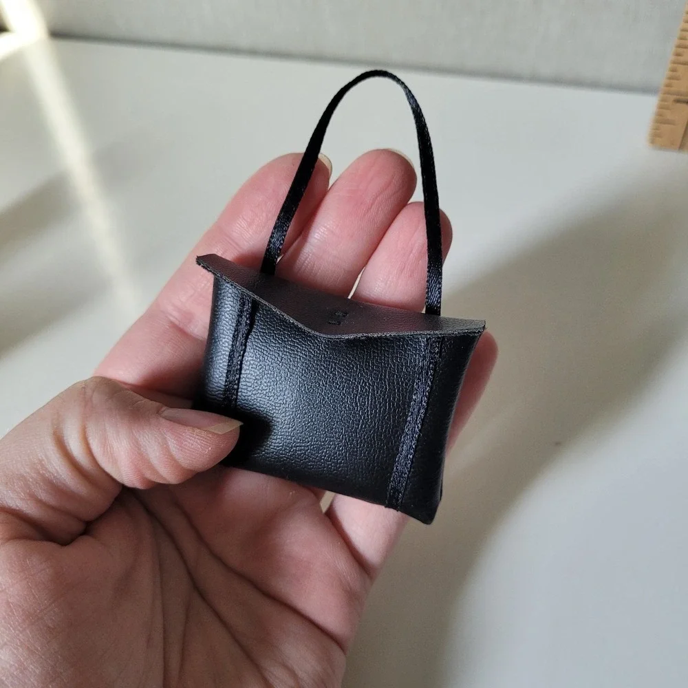 Handcrafted Black Faux-Leather Mini Tote Bag – 1/6 Scale Doll Purse Accessory